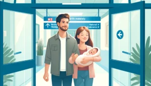 imagem ilustrativa de um pai e uma mãe saindo com su filho recem nasciso do hospital